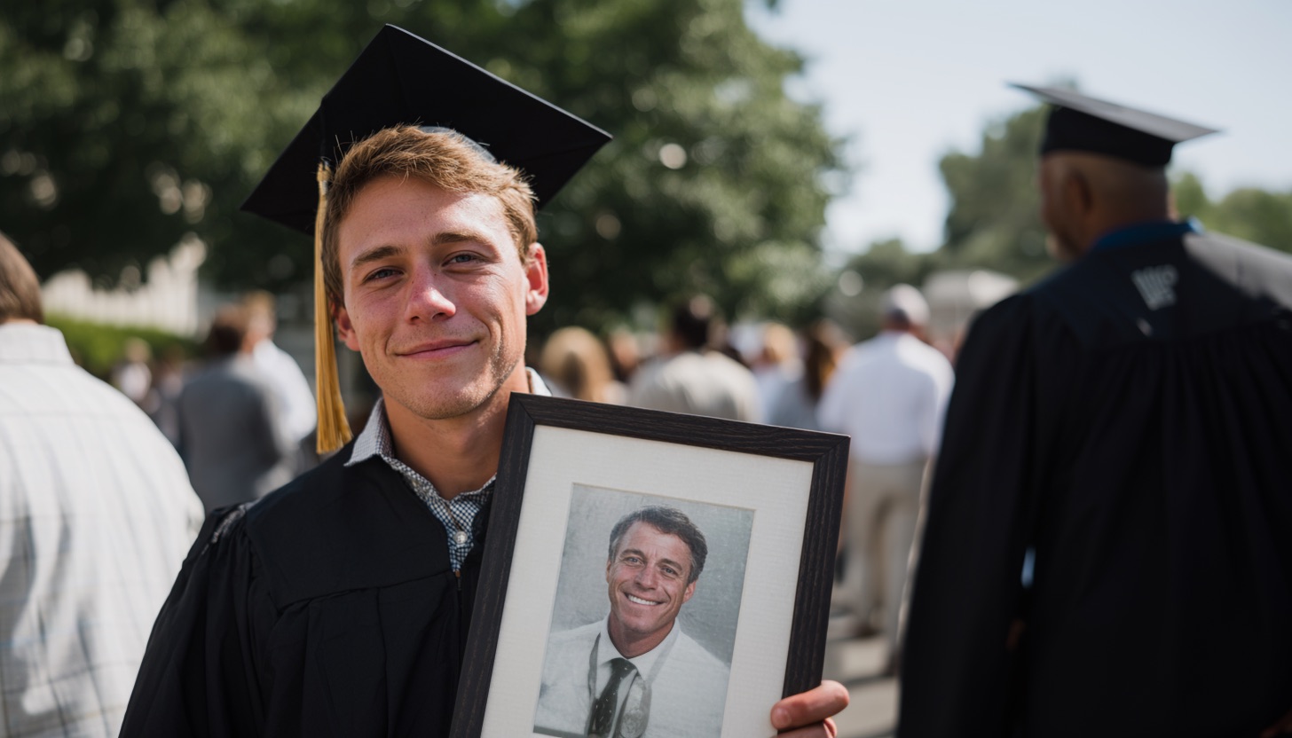 Jovem na formatura segurando o porta-retrato do pai