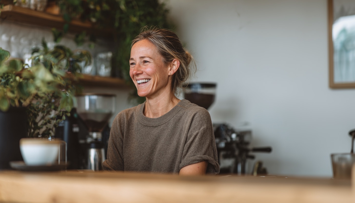 Empreendedora feliz no próprio café recém-aberto